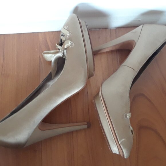 Gold Satin Heels With Ribbon Tie Detail - Picture 6 of 6